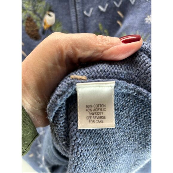 Blue Knit Holiday Cardigan PL Embroidered Winter Birds Cardinals Pinecones Zip - Picture 5 of 13